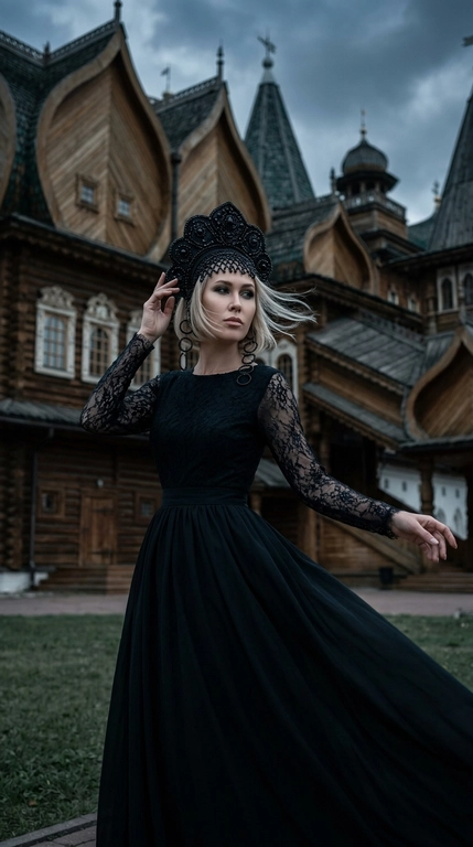 Фотореалистичный кинематографичный портрет. Женщина в образе славянской княжны стоит на фоне роскошного деревянного дворца царя Алексея Михайловича в Коломенском, с богато украшенными резными фасадами, башнями, теремами, фигурными крышами и исторической русской архитектурой XVII века. Съемка с нижней точки немного снизу вверх, крупный план до колен, камера расположена на уровне талии модели. Женщина повернута корпусом на три четверти, одна рука изящно поднята к кокошнику, вторая плавно отведена в сторону, создавая ощущение движения. На ней длинное черное кружевное платье с полупрозрачными рукавами и объемной струящейся юбкой, развевающуюся ветром, роскошный черный расшитый кокошник с бисером и декоративными подвесками. Волосы развеваются ветром. Выражение лица задумчивое и немного таинственное, взгляд направлен в сторону. Макияж выразительный и драматичный: идеально ровная матовая кожа, холодный скульптурирующий контуринг, глубокие дымчатые smoky eyes в серо-черной гамме, длинные густые ресницы, четко оформленные брови, матовые нюдово-розовые губы. Пасмурное предгрозовое небо, атмосферный ветер, развевающий волосы и кружево платья. Темная кинематографичная цветокоррекция с глубокими тенями, холодными графитовыми и темно-коричневыми оттенками, приглушенной палитрой, высокой детализацией дерева, резьбы и тканей. Небольшая глубина резкости, мягкое боке, объектив 85mm, f/1.8, профессиональная fashion-съемка в эстетике dark russian fairytale, gothic princess, ultra realistic, cinematic atmosphere, high detail.