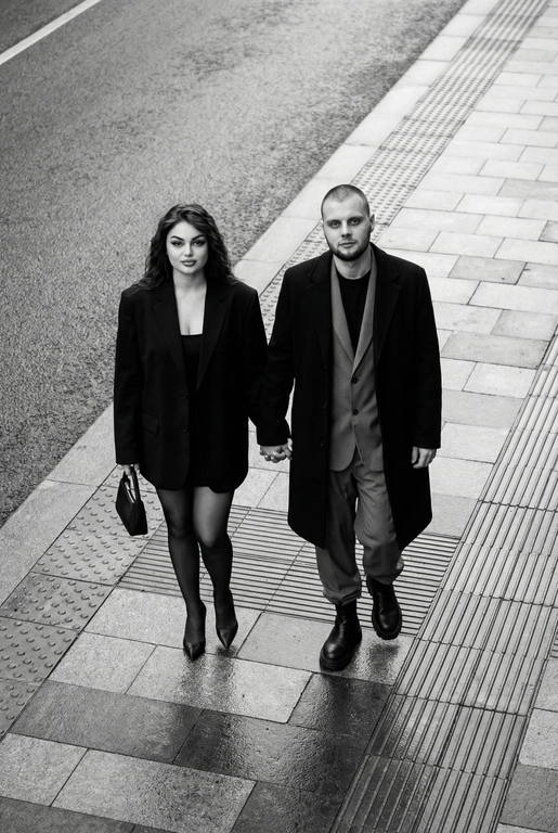 Черно-белая художественная фотография, ультрареализм, 8K, профессиональная съёмка; (оба): в кадре мужчина и женщина; каждый персонаж жёстко привязан к своему загруженному референсу, лица используются напрямую, без генерации, усреднения, подмены или смешения. Вид сверху под углом. Они идут по городской улице, держась за руки; шаг в движении, эффект «пойманного кадра». Смотрим вверх в камеру, выражение спокойное, уверенное, отстранённое.
Полностью чёрные образы modern classic: женщина — оверсайз-пиджак, короткое платье/юбка, плотные колготки, остроносые каблуки, маленькая сумка; мужчина — длинное пальто, свободный костюм, массивные ботинки.
Фон: асфальт, плитка, тактильная дорожка, геометрия.
Контрастный свет, мягкие тени, высокая детализация тканей.
Стиль: black & white, cinematic, high fashion, editorial, minimalism, street photography.
Качество: ultra high resolution, sharp focus, film grain, без ретуши.

