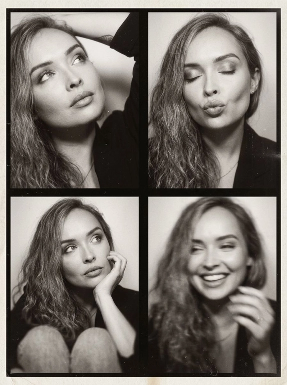 Photorealistic black-and-white vintage photobooth collage made of four frames in a 2x2 grid, separated by thin black dividers and surrounded by a slightly uneven paper border. Each frame shows the same woman in an intimate studio/photobooth setting against a plain light backdrop, captured with an authentic analog look: heavy film grain, soft contrast, halation, dusty scan artifacts, subtle scratches, and mild vignetting. Overall feel: 1990s/ early-2000s editorial photobooth print, raw and unretouched, candid "caught-between-moments" mood.
Use the uploaded photo as the basis and preserve the woman's face, makeup, likeness, and all original features without changing proportions or shape; keep natural facial micro-detail, pores, and subtle asymmetry, preserve the original head size.
Frame 1 (top-left): tight close-up, head tilted up and to the left, eyes looking upward, one arm raised behind the head, dreamy
Frame 2 (top-right): medium close-up, eyes closed, head slightly tilted, she subtly pushes/pouts her lips forward to show them (soft pout), calm playful mood; hair framing the face.
Frame 3 (bottom-left): medium close-up, seated with knees softly out of focus at the bottom, chin resting on one hand, gaze looking up to the right, thoughtful expression.
Frame 4 (bottom-right): medium close-up, the woman is laughing, but the frame is strongly blurred-heavy motion blur/defocus as if she moved during the shot; smile and face still recognizable, edges smeared, hair and hands noticeably streaked, imperfect photobooth misfire energy.
Print/scan look: monochrome with warm gray tones, slightly faded blacks, uneven exposure between frames, faint light leaks, paper texture visible, edges not perfectly straight, like a scanned photobooth print. High resolution, but intentionally imperfect, analog realism.
