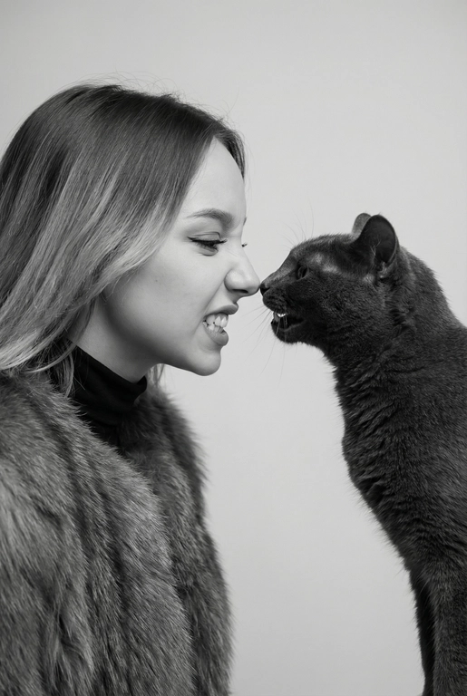 Сделай фото со мной и моим питомцем. Реалистичное фото, с высокой детализацией. Снимок меня и моего питомца в профиль. Фото сделано первым средним планом (Medium CloseUP), в кадре видно часть туловища (с головы до середины груди).
Я стою лицом к своему питомцу в строгий профиль, смотрю прямо на него.
Мой питомец расположен прямо напротив моего лица, также в профиль, смотрит прямо на меня. Наши носы почти соприкасаются. Наши головы могут быть наклонены: например, моя голова наклонена немного вниз, а голова питомца наоборот повыше. Четкая визуальная симметрия между моем лицом и головой моего питомца.
Студийное освещение, мягкий свет, создающий контрастность и скульптурные тени, на самом лице минимум тени. 
 Я и питомец игриво рычим.  Черно-белая фотография. Фон светлый, нейтральный. 