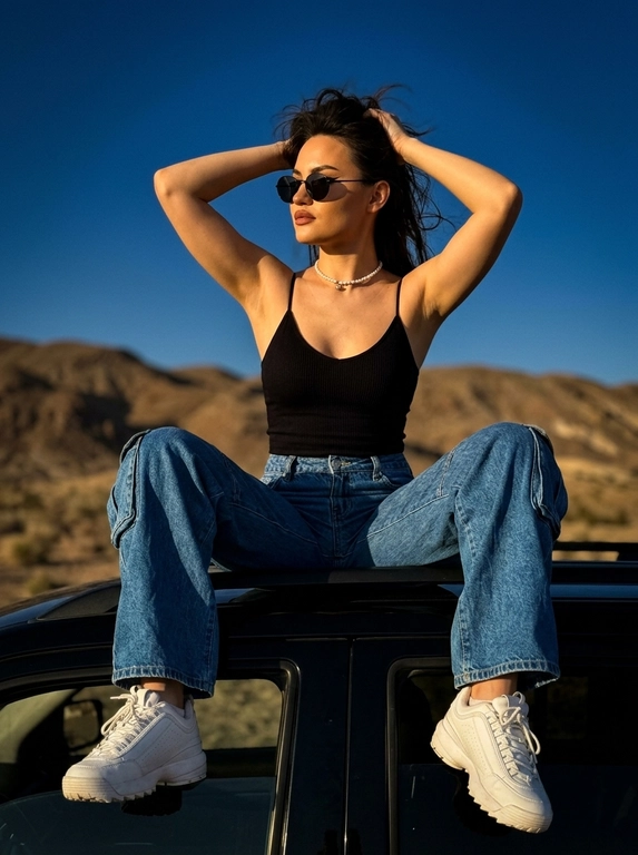 СЪЁМКА: высококонтрастное фото, естественная перспектива смартфона, акцент на лице, чёткий фокус на глазах, живое естественное фото, кадр выглядит как случайно пойманный момент ночной съёмки на телефон. Лёгкая глубина резкости: лицо в резком фокусе, фон мягко размывается. Естественные пропорции тела в движении.

СЦЕНА: модель сидит на крыше чёрного внедорожника, широко расставив ноги и согнув их в коленях. Руки закинуты за голову и погружены в волосы. Причёска выглядит намеренно небрежной и «взъерошенной». Модель обеими руками приподнимает волосы на макушке, открывая лицо и шею, что придаёт образу динамику и ощущение свободы. Отдельные пряди хаотично выбиваются, подчёркивая дикую, непринуждённую эстетику. Голова повернута в профиль.

ВНЕШНОСТЬ: выразительный макияж глаз и губ: длинные ресницы с эффектом лисьего взгляда, чёрные стрелки с хвостиком. Губы с мягким естественным контуром, покрыты матовой помадой, просматривается микрорельеф губ. Лёгкий естественный хайлайтер на скулах и переносице.

Одета в короткий чёрный топ на тонких бретелях. Ткань топа тонкая, облегающая, подчёркивающая фигуру. Объёмные широкие джинсы голубого цвета в стиле «карго» или оверсайз-джоггеры. Массивные белые кроссовки.

Круглые чёрные солнцезащитные очки в тонкой оправе, придающие лицу футуристичный и дерзкий вид. Короткое ожерелье из мелкого жемчуга или светлых бусин (чокер). Небольшие серьги-подвески.

Действие происходит на открытой местности. На заднем плане видны пологие пустынные холмы или песчаные дюны золотисто-коричневого оттенка. Большую часть кадра занимает абсолютно чистое, безоблачное небо насыщенного нежно-голубого цвета. В нижней части кадра видна матовая чёрная поверхность крыши автомобиля.

Снимок сделан с нижнего ракурса (камера направлена снизу вверх). Это визуально удлиняет фигуру, делает позу более величественной и доминирующей, а также позволяет полностью очистить задний план от лишних деталей, оставив только модель, холмы и небо.

Мягкое естественное освещение, характерное для «золотого часа» перед закатом. Свет падает сбоку, мягко очерчивая контуры тела, подчёркивая рельеф пресса и создавая тёплые блики на коже. При этом небо остаётся ярким, а машина уходит в глубокую, плотную тень.

Атмосфера снимка пропитана духом приключений, свободы и современной «инста-эстетики». Это сочетание высокой моды (аксессуары, обувь) и дикой природы. Кадр выглядит как профессиональная съёмка для лукбука молодёжного бренда одежды. Общее настроение — уверенность и беззаботность.

Высокое качество, высокая текстурная детализация, разрешение 8К.