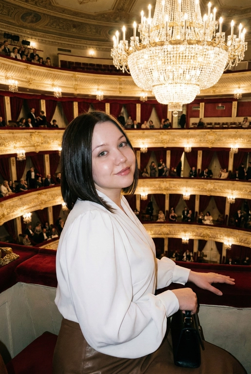 Я стою в ложе Большого театра, на рядов лож и большой хрустальной люстры. В ложах сидят люди, висят красные бархатные занавески. Камера на уровне глаз.  Съёмка выглядит как фото, сделанное на iPhone: естественный свет, лёгкое зерно, минимальная обработка, живой момент без позирования. Взгляд в камеру, легкая улыбка. Голова немного наклонена вбок. Волосы сияют, макияж естественный, губы глянцевые. Одна рука лежит на бортике ложа, во второй - маленькая черная сумочка. Приглушенный свет. На мне белая блузка с пышными рукавами и коричневая юбка