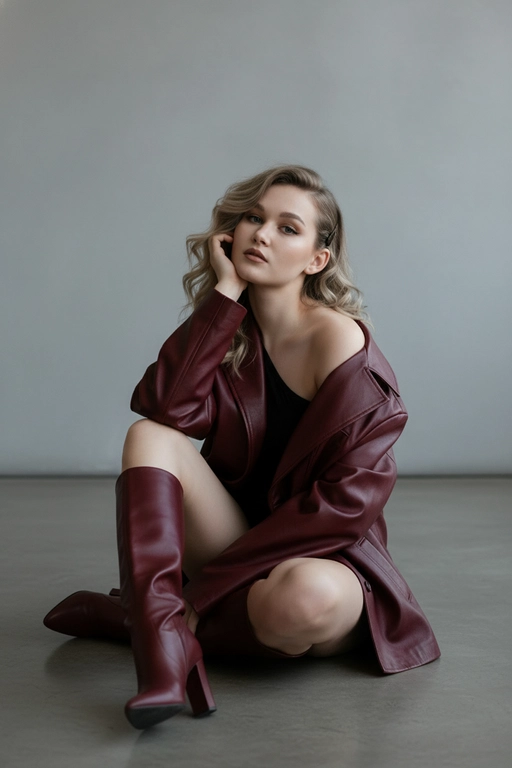 Максимально сохрани внешность и черты лица. Модный портрет уверенной в себе женщины, сидящей на полу студии в свободной тёмно-красной кожаной куртке (которая спадает с одного плеча, открывая плечо), под кожаной курткой — чёрный топ, и подходящих к ней высоких сапогах на шпильке; очень короткие шорты, которых не видно. Минималистичный фон в нейтральных серых тонах, мягкое студийное освещение, естественный гламурный макияж с едва заметными контурами, непринуждённо-шикарная поза, современная эстетика высокой моды, редакционный стиль Vogue, ультрареалистичная фотография 8K, кинематографичный тон, сбалансированная композиция, утончённое и минималистичное настроение. Голова опирается на руку. Не меняй черты лица.


Волнистые волосы, собранные с одной стороны чёрным зажимом.