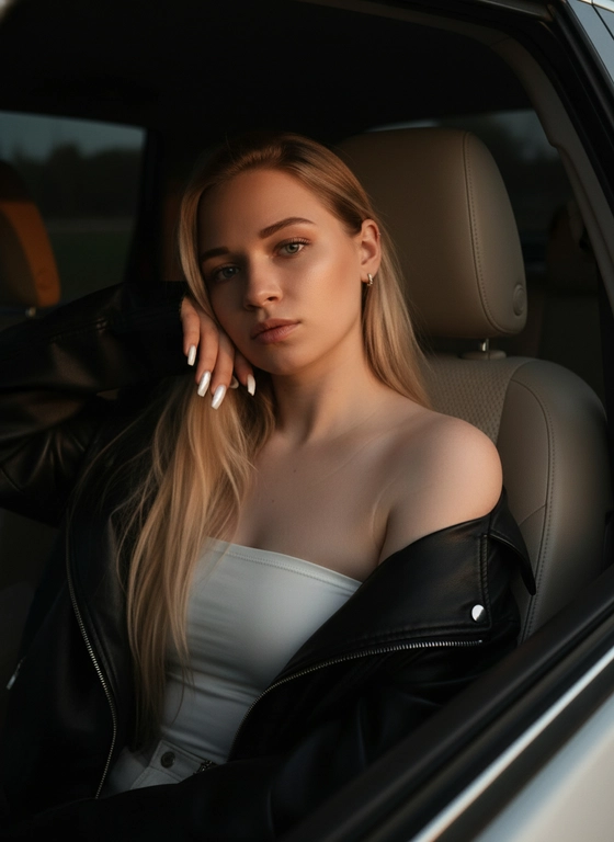 Кадр захватывает загадочный и интимный момент внутри затемнённого автомобиля на переднем сидении, где девушка со спокойным выразительным лицом опирается головой на окно, словно погружённая в мысли. Теплый свет, словно мягкий вечерний закат, медленно ласкает её лицо и выдвигает из тени. Её длинные локоны распущены, но часть прядей скрыта тенью, что добавляет образу утончённого тайнства, а серьги на одном ухе едва видны в полумраке. 
Она одета в топ без лямок белый и оверсайз куртку кожаную ,которая спадает с одного плеча. У нее длинные квадратные ногти с аккуратным  реалистичным белым маникюром с блестящей втиркой. Обстановка внутри машины остаётся неразличимой, внутренний свет мягко заливает её и слегка освещает бежевую обивку сиденья, на котором она уютно прижимается, этот контраст холодного металлического внешнего корпуса машины и тёплого внутреннего пространства подчёркивает настроение уединённости и молчаливого раздумья. Композиция использует глубокую игру света и тени, где тёмные участки подчеркивают блеск её кожи и деликатность образа, добавляя киношную плотность и эмоциональную глубину всему кадру, словно застывшая в моменте меланхолия, взвешенная. Общая цветовая гамма выдержана в мягких земляных и тёмных тонах с акцентами на интимный свет, делающий сцену одновременно загадочной и проникновенной, фотореалистичное изображение, высокая текстурная детализация, высокое качество. Лицо должно на 100% совпадать с загруженным фото. 