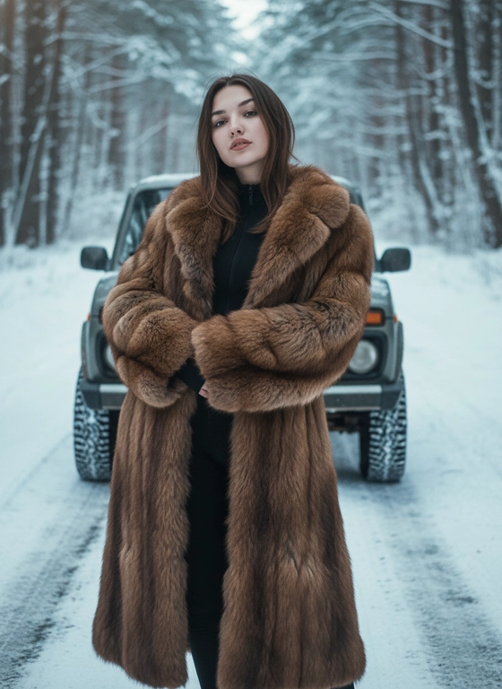 Создай, не меняя черты лица. Реалистичный снимок, высокая детализация лица, кадр на заснеженной лесной дороге при холодном мягком зимнем освещении, подчёркивающем контраст суровой природы и гламура.  
Портретная съёмка. Женщина стоит у машины, смотрит в камеру. На ней чёрный облегающий комбинезон с длинными рукавами и высоким горлом, длинная, объёмная, натуральная меховая шуба коричневого цвета с фактурой, руки перед собой. Свет и тени акцентируют линии тела и стройность позы, мощная машина на фоне сочетает индустриальную холодность с природной суровостью. Снег покрывает землю, создавая контраст тепла меха и мороза, придавая атмосфере таинственность и силу. Цвета — приглушённые тёмные и естественные с акцентом на чёрное и коричневое, как кадр из кинематографичного модного фотопроекта, фотореалистичное, высокая текстурная детализация, 4К. Сзади автомобиль Лада Нива