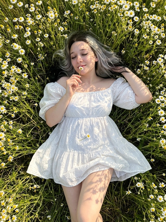 Shot on iPhone 16 Pro Max, phone is not visible in the frame.
Ultra-realistic smartphone photo, no flash, no CGI, no Al look, realistic pores and skin texture. woman lying in a dense chamomile field. Camera positioned directly above her in an almost perfectly vertical top-down angle. Full-body composition from head to knees. Body placed diagonally: head toward the upper left corner, legs toward the lower right.
Surrounded by hundreds of white chamomile flowers. Eyes closed, soft relaxed half-smile. One hand raised to her face, gently holding a chamomile stem so the flower touches her lips.
Calm, poetic atmosphere. Hair spread around her head across the grass and flowers, with a few loose strands on the cheeks and forehead. Ultra-short romantic white peasant-style dress with oversized off-shoulder puff sleeves, square neckline with front ties, voluminous layered skirt, textured broderie anglaise cotton. The skirt is lifted slightly by a gentle breeze.
Open shoulders, collarbones and legs visible. A fallen chamomile flower rests on the dress. Bright sunny daylight creates lace-like shadows from flowers and stems across the dress, face, arms and legs. Entire frame filled with chamomile flowers, green stems and wild grass. Natural iPhone colors, rich greens, clean whites, warm daylight, slightly increased contrast.
Pinterest countryside editorial aesthetic.