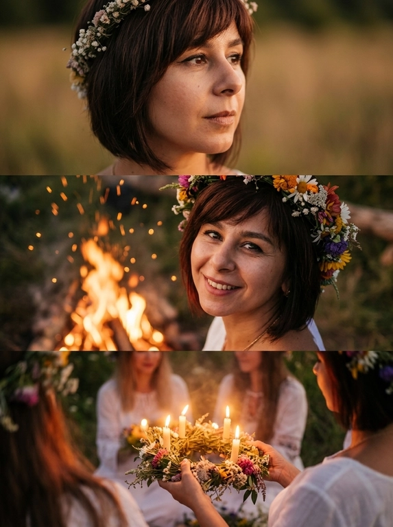 Create a photo triptych consisting of three separate panels.
Top panel: A close-up of a woman's face in semi-profile, with a soft background and texture. Her gaze is directed to the right, creating a thoughtful atmosphere. Her hair is carefully arranged, creating a sunny appearance. A wreath of delicate flowers is encircled within the composition. The lighting is warm and soft, creating a cozy atmosphere. The background is slightly blurred, adding mystery and complexity to the image.
Middle panel: A close-up of the woman's face, looking upward, with lighting that adds texture to her skin. The woman looks directly at the viewer, smiling sincerely and with an open expression. The wreath of flowers appears vibrant and unusual, creating a festive atmosphere. In the foreground, a bonfire sways realistically, sparks rising into the air, adding dynamism. The colors are balanced and rich, creating a unique impression. In this way, I convey the charge of a ritual, immersing the viewer in an atmosphere of magic.
Bottom panel: A close-up of a girl's hands holding a wreath of flowers and candles. The candles glow softly, creating a romantic atmosphere. The twilight is beautifully depicted, with a subtle glow that creates detail. The shot is taken from an interesting angle, allowing you to see some of the girls and the surrounding nature. The lighting is natural, with a slight haze adding a sense of mystery and romance.
Overall: The mood is natural, warm, and magical. All the elements harmonize to create a vibrant atmosphere. The use of soft lighting and attention to detail make the image expressive and memorable

Доп. характеристики: Прическу не менять, цвет волос коричневый теплый