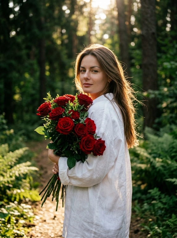 Кинематографичная фотореалистичная photography модели в лесу летом, снятая на Hasselblad X2D II 100C, 85mm lens, f/1.8, medium full shot, камера расположена на уровне талии и слегка сбоку. Модель стоит на узкой лесной тропинке среди густого зелёного леса, повернувшись вполоборота через плечо к камере. В руках она нежно прижимает к себе огромный букет цветов, отдельные ветки частично закрывают плечо и грудь. Выражение лица спокойное и чувственное, еле заметная улыбка, губы расслаблены, взгляд направлен прямо в камеру. На ней свободная белая длинная льняная рубашка oversize с длинными рукавами, натуральная слегка мятая ткань красиво подсвечивается солнцем. Кожа ровная, сияющая, с лёгким естественным загаром и realistic skin texture без plastic skin. Макияж soft natural glam: мягкий contouring, пушистые brows, длинные натуральные ресницы, subtle warm glow на коже. Тёплый золотой свет закатного солнца проходит сквозь деревья и создаёт cinematic backlight вокруг силуэта, мягкие солнечные блики на сирени и ткани одежды, глубокие зелёные тени в лесу. Атмосфера тихая, живая и немного dreamy, будто кадр из арт-фильма. Moody underexposed forest photography, warm golden highlights, rich deep greens, soft haze, subtle film grain, luxury Pinterest editorial aesthetic, ultra photorealistic RAW quality.

Какие будут цветы?: В руках красные розы