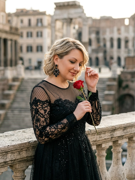Изысканный, романтичный и немного таинственный портрет в полный рост молодой женщины, запечатленной в старинном европейском городе. Атмосфера пропитана элегантностью, нежностью и глубокой задумчивостью. Это фото в стиле высокой моды (editorial style), снятое на пленку.
Молодая женщина с безупречной кожей теплого оливкового оттенка. У нее изящный профиль. Волосы светлые, короткие  волнистые. На лице нежная, задумчивая улыбка, взгляд опущен вниз.
Классический макияж "без макияжа", сияющая кожа. Легкий румянец, подчеркнутые брови и матовая нюдовая помада.
Шикарное вечернее платье из черного кружева. Верх платья выполнен из тонкого черного фатина (тюля) в мелкую точку, переходящего в сложный цветочный кружевной узор, украшенный ручной вышивкой черным бисером и пайетками. Рукава длинные, кружевные, с манжетами. Платье облегает фигуру.
В ухе видна крупная, сложная серьга-подвеска из черных граненых камней (например, оникс) и темного металла.
Женщина стоит, облокотившись на старинный каменный балюстрадный парапет. В правой руке она деликатно держит одну распустившуюся алую розу за стебель. Бутон розы касается ее волос. Поза расслабленная, но элегантная.
Окружение:
⦁ Локация: Древний город в Италии или Испании. Старый каменный балюстрадный парапет из выветренного известняка на переднем плане.
⦁ Задний план: Размытый (боке), но узнаваемый вид на исторические здания: каменные лестницы, террасы, колонны и, возможно, древний амфитеатр или базилику вдали. Текстура старого камня доминирует.
⦁ Освещение: Мягкий, естественный дневной свет (предпочтительно раннее утро или "золотой час"). Рассеянный свет подчеркивает текстуры кружева и камня.
⦁ Цветовая палитра: Доминирующие цвета — глубокий черный, теплые оттенки камня (бежевый, серый), контрастная алая роза и глубокие тени.
Технические детали:
⦁ Стиль: Реалистичная, кинематографичная фотография. Крупный план.
⦁ Камера и объектив: Съемка на полнокадровую камеру. Объектив 85mm f/1.4 для создания очень малой глубины резкости (bokeh). Четкий фокус на лице, руке и розе.
⦁ Текстуры: Максимально детализированные текстуры кружева, бисера, лепестков розы, кожи и выветренного камня.
⦁ Пост-обработка: Легкое зерно пленки, теплая цветокоррекция, приглушенные цвета, за исключением розы.