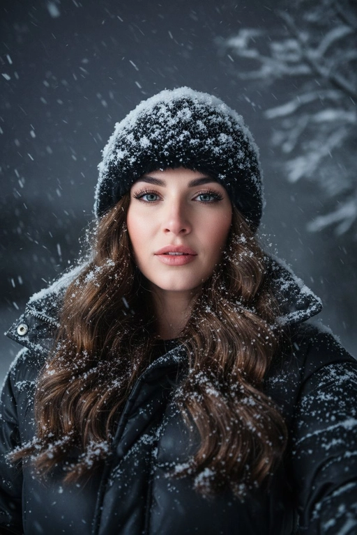 Селфи крупным планом, сделанное ночью на улице во время сильного снегопада. У женщины выразительные волосы и выразительные глаза, на ресницах и волосах которой лежат снежинки. На ней зимняя шапка из искусственного меха, почти полностью покрытая снегом, и пуховая куртка, припорошённая снегом на плечах и воротнике.
Освещение: мягкий холодный ночной свет сверху и немного спереди, создающий лёгкое свечение на щеках и лёгкие блики на куртке.
Поза: она держит камеру чуть ниже уровня глаз, уверенно снимая своё лицо снизу вверх; губы слегка приоткрыты, выражение лица спокойное, но выразительное. Фон: тёмное зимнее ночное небо, едва заметные ветви деревьев, слегка покрытые инеем, минимальная видимость для создания драматического настроения. Атмосфера: холодная, кинематографичная, с чистой зимней энергией; стильный современный снежный портрет с естественной текстурой и деталями. Шапка и куртка черного цвета.