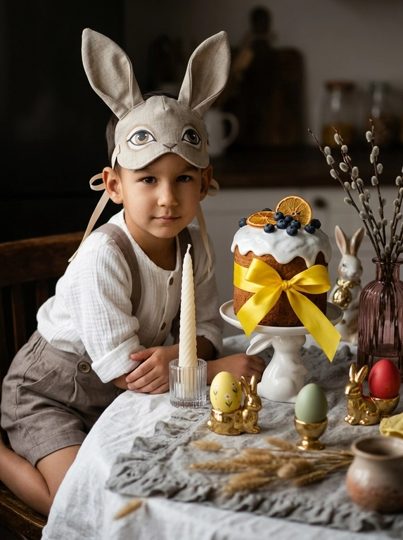 Создай фотореалистичный студийный пасхальный кадр, не меняя черты лица модели, с максимальным сохранением внешности. Уютный домашний сеттинг в эстетике rustic, cottagecore, Kinfolk и натуральных тканей. Модель расположена за праздничным столом, корпус слегка наклонён вперёд, обе руки опираются на столешницу, создавая естественную опору и лёгкое приближение к камере. Модель смотрит прямо в камеру, уверенный и спокойный взгляд, прямой eye contact, лицо хорошо видно, ракурс three-quarter, не профиль. На модели текстильная маска зайца с большими ушами и нарисованными глазами, маска закреплена на затылке тонкими бежевыми лентами, лицо полностью открыто. На модели лёгкая рубашка из белого муслина с рукавами, поверх — льняные шорты или комбинезон приглушённого серо-коричневого таупового цвета на пуговицах и подтяжках. Центральный объект композиции — высокий пасхальный кулич на изящной белой керамической подставке в форме лежащего кролика, покрыт белой глазурью, украшен черникой и дольками сушёного апельсина, перевязан широкой ярко-жёлтой атласной лентой с пышным бантом. На столе: высокая белая конусная свеча в ребристом стеклянном подсвечнике, фарфоровая фигурка кролика, позолоченные подставки в форме зайца с окрашенными яйцами (жёлтое с цветочным принтом, нежно-салатовое, насыщенно-красное), прозрачная розовая ваза с веточками вербы. Стол накрыт белой льняной скатертью, сверху серая дорожка с рюшами. Освещение мягкое боковое, как свет из окна, с тёплыми глубокими тенями. Съёмка с лёгкого низкого ракурса на уровне стола, но композиция выстроена так, чтобы лицо модели было полностью видно и направлено в объектив. Небольшая глубина резкости, передний план с мягким боке. Кинематографическая цветокоррекция в землистых, молочных и серо-оливковых тонах с акцентами жёлтого, красного и золота. Плёночная эстетика: лёгкое зерно, мягкие блики, глубокие тени, высокая детализация текстур ткани, керамики, дерева и глазури. moody underexposed fashion photography, intentionally lowered exposure, deep crushed blacks, rich shadows, high contrast, soft natural highlights, subtle film grain, shallow depth of field, 50–85mm lens, editorial style, realistic lighting, high detail.