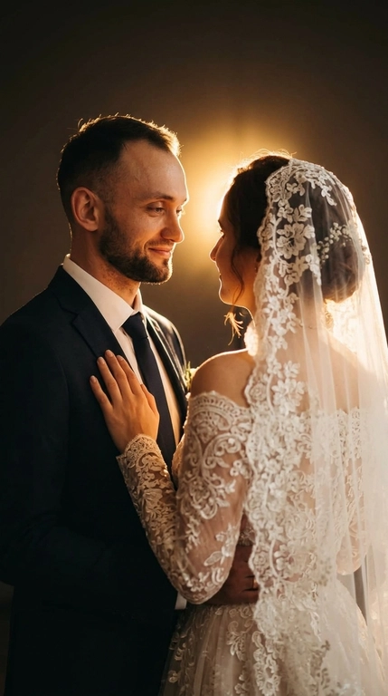 A realistic and believable shot of a couple.

Pose
The man and woman stand half-turned toward each other, creating a romantic and intimate moment. The man is on the left, softly gazing at the woman with a smile, his body slightly turned toward her. The woman stands with her back to the viewer, but has turned her head in profile to meet her partner's gaze. Her right hand rests gently on the man's chest, emphasizing the couple's closeness.

Angle
The photograph is taken from eye level, mid-ground (waist-length). The camera is positioned to focus on the couple's interaction and emotions, shifting slightly to the side to capture both their profiles.

Clothing
The man is wearing a classic dark suit with a white shirt and a dark tie. The woman is wearing an off-the-shoulder wedding dress with long lace sleeves. The dress is richly decorated with a floral lace pattern, which also extends to the long, flowing veil covering her head.

Lighting
This is the key element of the photograph.  A backlighting effect (light coming from behind the couple) is used, creating a bright golden outline (halo) around the silhouettes. The light is soft, warm, and diffused, highlighting the edges of the couple's hair and veil, giving the scene a fairytale-like, ethereal quality. The couple's faces are softly lit, with emphasis on their profiles.

Camera Effect
A shallow depth of field is used, blurring the background completely, focusing attention solely on the couple. A subtle glow (soft focus or bloom effect) softens the contours and adds a cinematic, dreamy feel to the image. Color grading is done in warm tones.

Background
The background is virtually indistinguishable due to the intense blurring and specific lighting. It can be assumed that this is a dark or subdued room, like a church, where the focus is solely on the glowing spot behind the couple.

Hairstyle
The woman's hair is partially hidden by the veil covering her head; the veil must remain on her head. DO NOT CHANGE THE FACIAL FEATURES; THEY SHOULD BE THE SAME AS THE REFERENCE PICTURE.