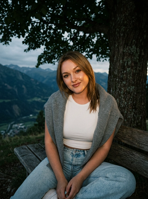 Экстремально крупный план по пояс. Модель днём сидит на лавочке под деревом на горе. Одета в короткий белый топ и светлые джинсы оверсайз, на плечи накинут серый свитер. Фото слегка смазанное. Кинематографический эффект с добавлением зерна. С лёгкой улыбкой. Кожа идеальная, подсвеченная. Не меняй черты лица. Фото затемнено.