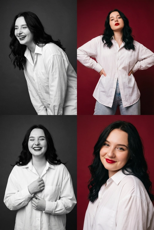 Коллаж из четырёх студийных портретов одной женщины, расположенных в сетке 2×2. Не меняй внешность, цвет и текстуру волос. Все кадры сняты в модном editorial-стиле. Образ — естественная красота, лёгкая небрежность, живые эмоции.
Женщина имеет естественный макияж с акцентом на красные губы. На ней белая очень свободная рубашка мужского кроя на несколько размеров больше, частично расстёгнутая, подчёркивающая линию декольте. В отдельных кадрах она слегка придерживает рубашку руками.
Эмоции и позы:
Верхний левый кадр — чёрно-белый, она наклоняется вперёд, смеётся, взгляд в сторону, живой момент.
Верхний правый — цветной, красный студийный фон, руки на бёдрах, уверенный фэшн-портрет. Снято с нижнего ракурса. Видно часть ее светлых джинс.
Нижний левый — чёрно-белый, она смеётся с закрытыми глазами, держит рубашку у груди, расслабленная поза.
Нижний правый — цветной, крупный портрет, легкая улыбка, слегка наклонила голову в сторону, тёплая улыбка, акцент на губах.
Фон: для цветных кадров — глубокий красный студийный фон, для чёрно-белых — нейтральный тёмный фон.
Освещение: мягкий студийный свет, подчёркивающий текстуру кожи, волосы и складки рубашки. Без жёстких теней.
Композиция: кадры слегка разные по ракурсу, создают ощущение живой съёмки backstage.
Стиль: fashion editorial, lifestyle, natural sexy, cinematic soft light, analog photo vibe, magazine photoshoot, ultra realistic, high detail, skin texture visible, 8k. Волосы распущены и уложены в объемную естественную укладку
