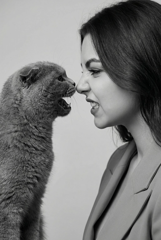 Сделай фото со мной и моим питомцем. Реалистичное фото, с высокой детализацией. Снимок меня и моего питомца в профиль. Фото сделано первым средним планом (Medium CloseUP), в кадре видно часть туловища (с головы до середины груди).
Я стою лицом к своему питомцу в строгий профиль, смотрю прямо на него.
Мой питомец расположен прямо напротив моего лица, также в профиль, смотрит прямо на меня. Наши носы почти соприкасаются. Наши головы могут быть наклонены: например, моя голова наклонена немного вниз, а голова питомца наоборот повыше. Четкая визуальная симметрия между моем лицом и головой моего питомца.
Студийное освещение, мягкий свет, создающий контрастность и скульптурные тени, на самом лице минимум тени. 
 Я и питомец игриво рычим.  Черно-белая фотография. Фон светлый, нейтральный. 