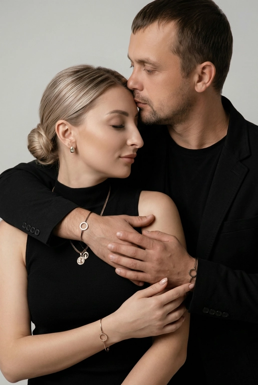 Мужчина и женщина позируют в студии в объятиях. Мужчина стоит позади женщины, обнимая её обеими руками; его тело повернуто к ней, голова слегка наклонена вниз, губы касаются её лба. Женщина немного отклоняет голову назад к его плечу, её глаза закрыты. Кадр — средний, от талии до головы, снят на уровне глаз. Композиция плотная, акцентирует линии рук и соприкосновение лиц. Женщина стоит, прямо обращённая к камере.
На ней облегающий чёрный топ без рукавов с высоким воротом, из плотной матовой ткани.
Мужчина одет в чёрную футболку и чёрную неброскую куртку. На обоих запястьях — тонкие металлические браслеты с минималистичными круглыми подвесками, а женщина носит небольшие светлые металлические серьги с гладкой поверхностью.
Обстановка минималистичная: однотонный светло-серый фон без текстуры.
Освещение — мягкий студийный свет: рассеянный фронтальный и боковой свет создаёт плавные переходы света и тени на лицах и руках. Тени мягкие, средней глубины. Контраст умеренный, без жёстких бликов. Свет равномерно распределён по фигурам, фон подсвечен мягко, без выраженных градиентов.
Съёмка на портретный объектив 85 мм, малая глубина резкости с чётким фокусом на лицах и руках; фон слегка размыт, текстуры кожи и ткани высоко детализированы. Это минималистичный студийный портрет, высокодетализированный и фотореалистичный.
Минималистичное романтическое студийное настроение, нейтральные тёплые тона кожи, низкая–средняя насыщенность, мягкое рассеянное освещение, средний контраст с нежными тенями, плавные переходы бликов, естественная передача кожи, чистый светлый фон, тонкий тональный баланс, современная мягкая редакционная цветокоррекция.

Волосы женщины собраны в низкий, гладкий пучок с аккуратно уложенными прядями.