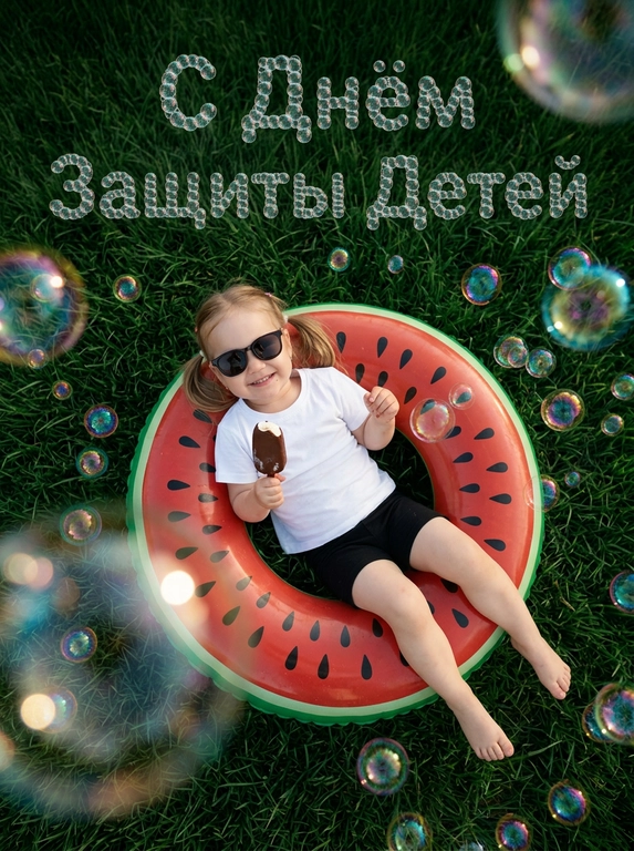 Фотографический кадр сверху, летняя сцена на природе: ребенок лежит на надувном круге в виде сочного арбуза на тёмно-зелёной траве. На ребенке солнцезащитные очки, черные шорты и белая футболка, в руках ребенок держит  мороженое-эскимо в шоколаде. Вокруг ребенка в воздухе много переливающихся мыльных пузырей, часть пузырей находится близко к камере и размыта, создавая эффект глубины и объёма. Композиция снята с высокой точки, почти вертикально сверху, с акцентом на центральное расположение ребёнка. Атмосфера беззаботная, игривая, праздничная, мечтательная. Естественный дневной свет, мягкие тени, реалистичная текстура травы, насыщенные летние ощущения, высокая детализация, живые отражения на пузырях, лёгкий художественный blur на переднем плане, реалистичная фотография, cinematic summer mood, shallow depth of field, vibrant but natural colors, ultra detailed.
В верхней части кадра расположена аккуратная читаемая надпись из мыльных пузырей: "С Днём Защиты Детей".
Качественная съёмка на профессиональную фототехнику с отличной цветопередачей, высокой детализацией и премиальным качеством изображения, 8K.

Какого пола будет ребенок?: Шорты на нём чёрные