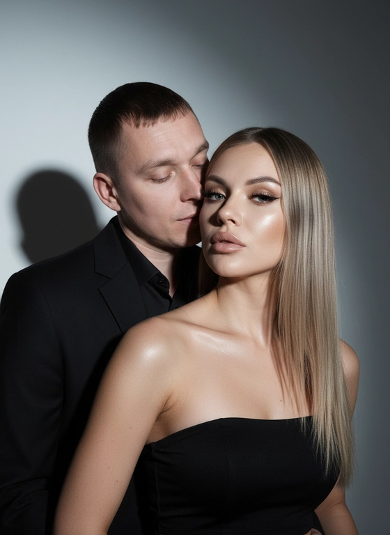 Не меняя черты лица, студийная fashion съемка пары в минималистичном интерьере с серо-белым фоном, атмосфера гламур и интимная близость, ракурс крупный портрет по грудь с легким поворотом корпуса, девушка на переднем плане, мужчина позади склоняется к ее плечу, поза — она слегка отвернута от камеры с прямым взглядом, он касается лицом ее шеи/плеча, одежда — на девушке черный корсет/бандо с открытыми плечами, на мужчине классический черный пиджак и рубашка, прическа — у девушки длинные идеально прямые волосы с гладким блеском, у мужчины короткая аккуратная стрижка, макияж — glam (ровный сияющий тон, сильный хайлайтер, четкий контуринг, стрелки, густые ресницы, нюдовые глянцевые губы), свет — жесткая фронтальная вспышка + мягкий заполняющий свет, выраженные тени позади, эффект flash photography / editorial, холодно-нейтральная цветокоррекция с контрастом и глянцем кожи, высокая детализация, slight film grain, shallow depth of field, съемка на Canon EOS R / 50mm, f/2.0, direct flash, studio look.