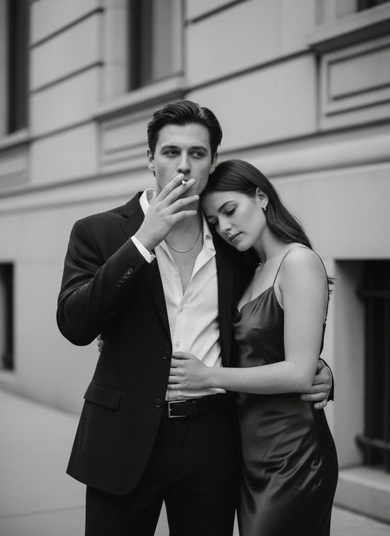 Портрет городской пары на улице, кадр от середины бедра до головы. Кинематографическое чёрно‑белое изображение, средняя контрастность, мягкий рассеянный дневной свет (эффект пасмурной погоды); лёгкая зернистость. Обстановка: на фоне фасада здания с простыми горизонтальными лепными украшениями; небольшое размытие заднего плана. Левый персонаж: классический чёрный пиджак и брюки, расстёгнутая белая рубашка, без галстука, чёрный ремень, простое тонкое колье, сигарета у губ. Правый персонаж: тёмное атласное платье‑комбинация на тонких бретелях, облегающий силуэт с лёгким блеском Без логотипов и ярких аксессуаров. Левый персонаж стоит расслабленно, торс слегка развёрнут к камере, взгляд направлен за пределы кадра; левая рука поднимает сигарету ко рту; правая рука обнимает партнёра за талию/бедро, притягивая ближе. Правый персонаж прижимается к партнёру сбоку; голова лежит на плече; глаза опущены; правая рука обхватывает талию партнёра.
