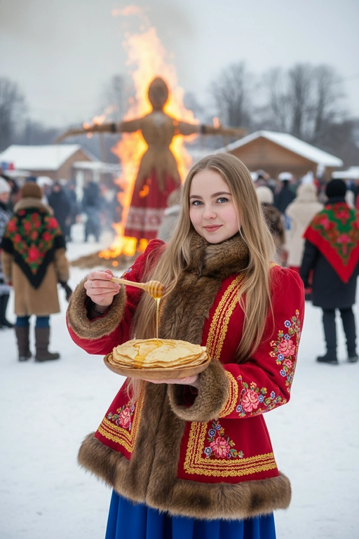 Ультрареалистичная документальная фотосъёмка, зима, традиционный праздник Масленица. Вертикальный формат 9:16, средний план, уровень глаз, лёгкий поворот корпуса, естественная осанка, прямой взгляд в камеру, спокойная уверенная мимика, мягкая неигровая улыбка; лицо на 100% идентично исходному референсу — полностью узнаваемо, без искажений и без изменения пропорций, черт и внешности; любые изменения лица запрещены, легкий морозный румянец.
Одежда: традиционный богатый русский праздничный костюм — красный приталенный кафтан с богатой цветочной вышивкой, меховая отделка, синяя юбка.
В руках деревянная тарелка с тонкими блинами и деревянная ложка с мёдом, момент поливания, тянущаяся капля в движении.
Фон: горящее чучело Масленицы, люди в народной зимней одежде, снег, деревянные постройки, живое пламя.
Естественный рассеянный дневной свет, реалистичные тени, точная цветопередача, умеренная глубина резкости. 8K, высокая фактурная детализация. Не менять мою прическу