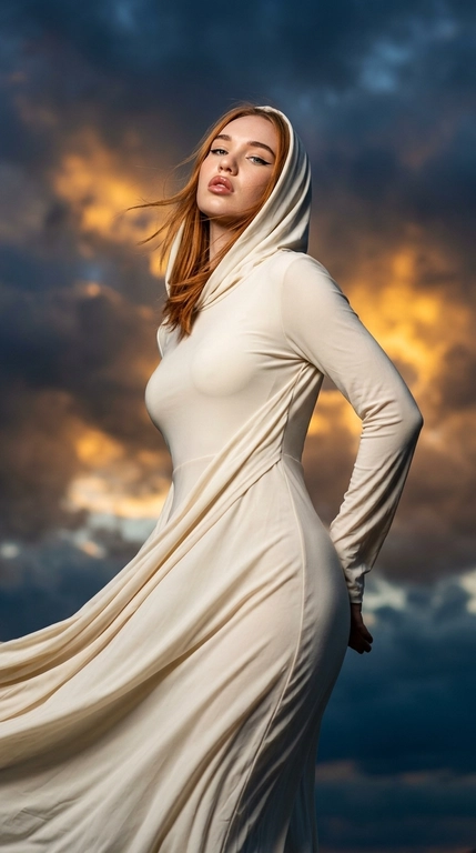 Глубоко атмосферный портрет в стиле высокой моды, modest fashion campaign. Женщина позирует на фоне закатного неба. Корпус и тело повёрнуты прямо к камере. Стоит в изящной позе-S. Обе руки заведены за спину. Голова слегка откинута назад. Дерзкий взгляд в объектив. Губы приоткрыты. Волосы развеваются на ветру. Глаза с чёрными стрелками, влажные губы.

Фон СТРОГО: драматичное предгрозовое небо с плотными облаками, сквозь которые пробивается золотисто-оранжевое свечение заката. Контровой свет эффектно подсвечивает силуэт.

Hasselblad H6D-100c, 85mm, ISO 100, f/2.8, RAW. Идеальная резкость на глазах. Visible pores, no plastic skin, no AI smoothing.

Запрет: земля, какая-либо поверхность на фоне.

Какая будет одежда?: На женщине длинное струящееся платье молочного оттенка с мягким прилегающим силуэтом, закрытым верхом и встроенным капюшоном из той же ткани. Ткань лёгкая, пластичная и красиво движется от ветра, создавая мягкие складки по телу и вокруг силуэта. Капюшон накинут на голову свободно и добавляет образу дорогую, загадочную и очень fashion-атмосферу. На фоне драматичного неба такой образ выглядит контрастно, нежно и статусно.