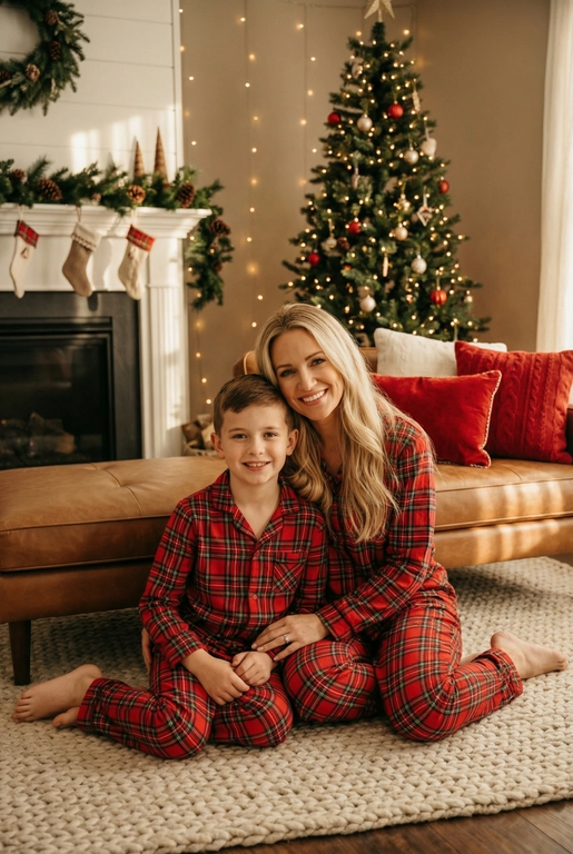   Создай трогательный кадр из профессиональной фотосессии в студии, где запечатлен момент семейной близости. Люди на фото могут быть как взрослыми так и детьми, в зависимости от предоставленных фото. Сделай так, чтобы все они смотрелись гармонично и трогательно. Фото в стиле Энни Лейбовиц, четкий фокус.

Люди в расслабленных позах на низком коричневом кожаном диване и на плотном светлом вязаном ковре. Естественные прически и минимальный макияж. 

Студия украшены в рождественском или новогоднем стиле, рядом с диваном стоит елка, позади дивана камин. Каминная полка украшена еловой гирляндой, шишками и маленькими рождественскими носочками. На диване красные декоративные подушки. В студии висят теплые гирлянды и мягко светятся.  

На фото видно лица людей и они смотрят в камеру.
 
Освещение мягкое, естественное, теплое, в стиле "Золотой час", мягкие тени, камера на уровне глаз, теплый цветовой грейд (золотисто-коричневые тона), натуральные оттенки, тонкая ретушь, мягкая пленочная текстура, атмосфера уюта, семейного тепла и близости. Одежда в стиле классических красных пижам в клетку 