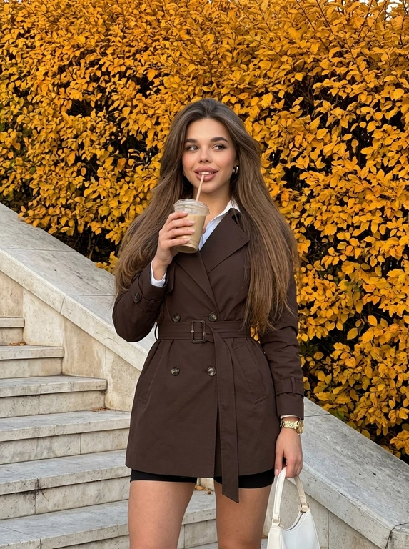 Ультрареалистичная lifestyle-фотография на iPhone 17 Pro Max. Женщина непринуждённо стоит на светло-серой уличной каменной лестнице. Позади неё — густая живая изгородь из ярких осенних пожелтевших кустов.

Макияж ухоженный и естественный: выразительные ресницы, губы пыльно-розового оттенка с глянцевым блеском. Молочный квадратный маникюр.

Женщина смотрит немного в сторону с лёгкой полуулыбкой и расслабленным выражением лица. В одной руке держит кофе на вынос в коричневом стакане с соломинкой, который подносит к губам.

На женщине Тёмно-коричневый тренч в форме очень короткого платья-пальто, туго затянутый на талии широким поясом в тон. Объёмные рукава, широкие лацканы и подвернутые манжеты. Из-под тренча слегка видны белый воротник и манжеты объёмной рубашки. Низ — короткие чёрные шорты. Образ подчёркивает талию и создаёт выразительный силуэт. В свободной она держит белую сумку на короткой ручке

Аксессуары: золотые часы и минималистичные золотые серьги.

Мягкий приглушённый свет позднего заката частично освещает лицо и силуэт, создавая глубокие естественные тени и тёплую ностальгическую атмосферу. Мобильная съёмка, живой случайный кадр, RAW, реалистичная текстура кожи, без глянцевой ретуши и без AI-эффекта.

Причёска: Прямые  волосы ниже поясницы с мягким естественным объёмом. Волосы выглядят плотными, ухоженными и гладкими. Несколько передних прядей свободно спадают на лицо, добавляя живости и лёгкой небрежности образу.