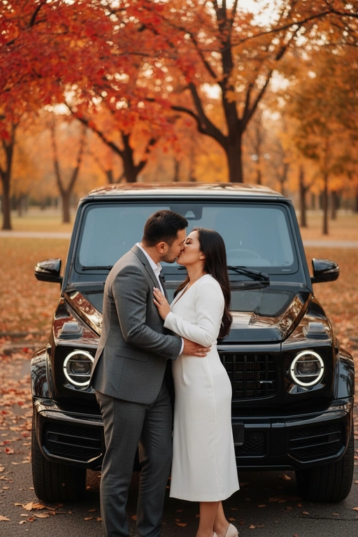 Используй предоставленные изображения и создай фото, где мужчина и женщина стоят, облокотившись на капот автомобиля и целуются. Атмосфера романтичная, осенняя. Средний план людей. Не меняй внешность людей. Машина и люди занимают почти весь кадр. Автомобиль - черный гелик, мужчина в сером костюме, женщина в белом прямом платье закрытом