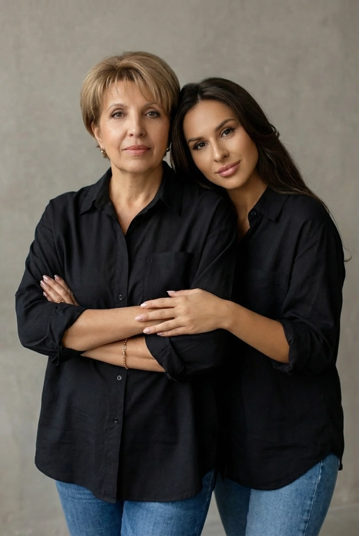 Используй эти два фото мамы и дочери и создай для них студийный портрет в чистом и элегантном стиле. Они стоят рядом, очень близко друг к другу. Дочь мягко обнимает маму за руку и слегка к ней прижимается со спины. Мама сложила руки перед грудью. Образ минималистичный, современный и стильный. На руке у матери тонкий золотой браслет. Профессиональный макияж и прическа.  Не менять черты лица ни на 1 процент. Фон — нейтральный серый с мягкой текстурой. Освещение рассеянное, мягкое, подчёркивающее естественные тона кожи. Атмосфера тёплая, нежная и спокойная, в стиле журнальной съёмки. Обе в свободных стильных черных рубашках с подвернутыми рукавами и джинсах.