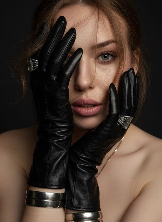 Модный портрет женщины, крупным планом,  в черных кожаных перчатках.  Руки частично заслоняют лицо. Перчатки создают интригующую композицию: одна рука закрывает часть лица, а другая лежит на противоположной стороне, тонко обрамляя нежные черты модели. Губы женщины видны, слегка приоткрыты, глаза открыты, голова слегка наклонена вперед. Несколько прядей волос свободно падают на ее лицо, добавляя ощущение движения. Текстура кожи очень детализирована, демонстрируя поры ее лица. Перчатки блестящие и плотно прилегающие, с тонкими, замысловатыми деталями. Серебрянные массивные кольца видны на пальцах, усиливая ощущение роскоши, а серебрянные браслеты обхватывают запястья. Мягкое, но драматичное освещение подчеркивает текстуру перчаток и кожи, создавая поразительный контраст на темном, мрачном фоне. Общая атмосфера интимная, элегантная и изысканная.