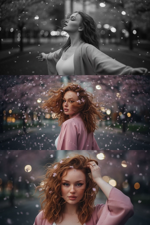 Не меняй черты лица, оставь их точь в точь как на загруженном фото. Фото в стиле триптиха, на котором изображена женщина в ночном городе.

На верхней панели изображена женщина по грудь, в профиль, расположенная в правой части кадра. Она запрокинула голову назад и закрыв глаза будто смотрит в небо разведя руки в стороны. Ее волосы развеваются на ветру закрывая лицо. На заднем плане ночной город полный ярких фонарей, где спокойно и нет людей, в небе развиваются от ветра листья сакуры . 

На средней панели изображена всё та же женщина со спины, смотрящая в кадр. На фоне все усыпано лепестками сакуры и они почти полностью перекрывают ночной город. Её волосы сильно развеваются на ветру в них запутались лепестки сакуры . 

На заднем плане нижней панели, крупным планом, изображено лицо всё той же женщины, частично скрытое развевающимися на ветру волосами в них немного лепестков сакуры, которая смотрит прямо на зрителя. Правой рукой она придерживает волосы, демонстрируя белое обручальное кольцо. 

Ночной Город и небо создают нейтральный, угрюмый фон для фотографии в натуралистическом стиле и при мягком освещении. Использовать лицо с фото на 100% , не изменяя черты лица. На девушке - белый топ и нежно-розовое хаори в японском стиле.