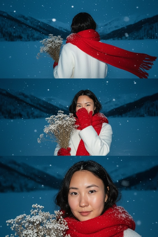 Создай коллаж не меняя черты лица. Кинематографический зимний коллаж из трёх кадров: девушка на фоне заснеженных гор и замёрзшего озера, мягкий вечерний свет, холодно, падает снег. На ней белое шерстяное пальто и ярко-красный шарф, в руках букет зимних полевых цветов. Первый кадр — со спины, её волосы и красный шарф выделяются на фоне темно-синего неба и гор; второй кадр — человек стоит на фоне темно-синего неба, улыбается, смотрит вниз, в одной руке букет, второй рукой прикрывает лицо. На руках красные вязаные перчатки. атмосфера лёгкости и свежести. на ней белое шерстяное пальто и ярко-красный шарф; третий кадр — очень крупный портрет на фоне темно-синего неба, взгляд в камеру, на ресницах снег, мягкий румянец, естественный макияж. Видно часть шарфа. Акцент на глаза. Настроение — романтичное, зимнее, немного меланхоличное, стиль — реалистичный, кинематографический, контраст белого снега и красных акцентов. Все фото сделаны ночью со вспышкой. Пленочная фотография.