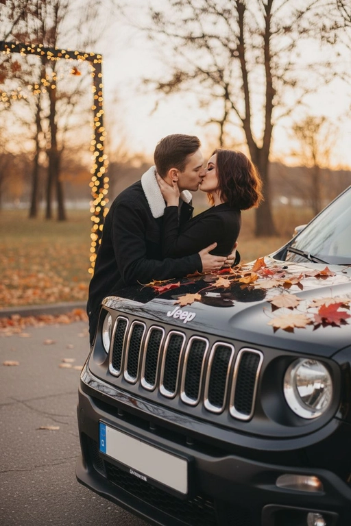 Используй предоставленные изображения и создай фото, где мужчина и женщина стоят, облокотившись на капот автомобиля и целуются. Атмосфера романтичная, осенняя. Средний план людей. Не меняй внешность людей. Машина и люди занимают почти весь кадр. Автомобиль - черный Jeep Renegade