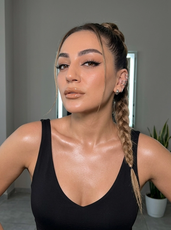Создай фото женщины, акцент на плечах и ключицах; поза уверенная и немного провокационная, корпус слегка откинут назад, плечи расправлены, руки частично в стороне.
Поза
• приближенный портрет по грудь в вертикальном формате; грудная клетка и ключицы чётко видны, плечи расправлены, подбородок направлен немного вверх — ощущение уверенности и лёгкой броскости; корпус слегка повернут в три четверти.
Место съёмки (интерьер)
• Современная минималистичная студия или лофт: нейтральные светло-серые стены, вертикальная светящаяся LED-панель на заднем плане, размытый штатив и декоративный зелёный растение в углу; малое расстояние до фона, неглубокая глубина резкости.
Макияж
•Губы блестящие, увеличенные, с холодным оттенком бежевой помады, идеально законченным блеском, который притягивает внимание к выразительности мимики. Глаза выделяются густым, объемным искусственным макияжем: стрелки резко удлинены и подведены как сверху, так и снизу, ресницы объемные и длинные, создавая сильный визуальный эффект глубины и драматизма, а брови аккуратно оформлены, поддерживая гармонию лица.
Детализация кожи
• Тёплый  легкий загар тон кожи с сияющим, слегка маслянистым финишем; чётко видны блики на плечах, ключицах и декольте; гладкая текстура, мелкие поры минимальны, кожа выглядит ухоженной и подсвеченной, без видимых дефектов.
Одежда/аксессуары
• Чёрный облегающий топ с V‑образным вырезом, подчёркивающим декольте; на правом ухе несколько серебристых каффов и одна сережка в мочке, небольшие металлические детали гармонируют с фурнитурой ремней.
Освещение
• Профессиональное студийное освещение: мягкий фронтальный заполняющий свет делает кожу ровной и подчёркивает блики; контровая/задняя подсветка (вертикальная LED-панель) создаёт тонкий ореол и делит фон; дополнительный направленный свет справа/сзади даёт маленькие яркие пятна на волосах и плече, создавая объём.

Прическа:: блестящие волосы, собраны в высокий тугой хвост, заплетён в крупную плотную косу, опускающуюся по правому плечу до уровня пояса; аккуратно выполненная трёхпрядная коса, гладкая основа без пушащихся прядей, две тонкие свободные пряди у лица; кончик зафиксирован чёрной резинкой или лентой.