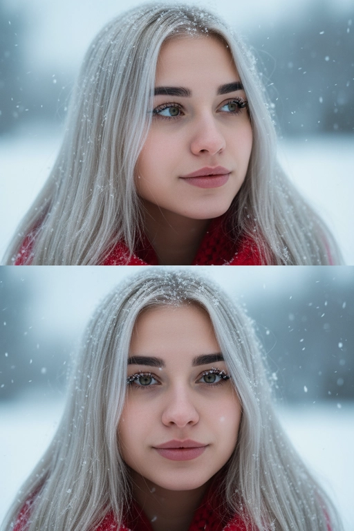 Создай коллаж из двух кадров человека, снятых крупным планом на улице зимой. Камера расположена близко, чтобы в кадре были видны лицо, шея и часть одежды. Главный акцент — на лице, глазах и снежинках, которые легли на волосы и ресницы.

Освещение мягкое, естественное, как в пасмурный зимний день. Вокруг падает лёгкий снег, отдельные снежинки чётко видны в воздухе и на коже. Фон — мягко размытый, с холодными оттенками (бело-голубой, серо-синий).

Первый кадр — человек смотрит в сторону, выражение мягкое, задумчивое, естественное. Крупный план лица, видно часть красного шарфа.
Второй кадр — прямой взгляд в камеру, нейтральное или лёгкое выражение лица, ресницы в снегу. Крупный план лица, видно часть красного шарфа.

Кожа чистая и естественная, без ретуши, текстура лица и губ сохранена. Фото выглядят как профессиональная зимняя портретная съёмка крупным планом, с эффектом свежести и спокойствия.

Оба кадра объединены в вертикальный коллаж в едином тоне и свете. Атмосфера — реалистичная, теплая и немного кинематографичная.