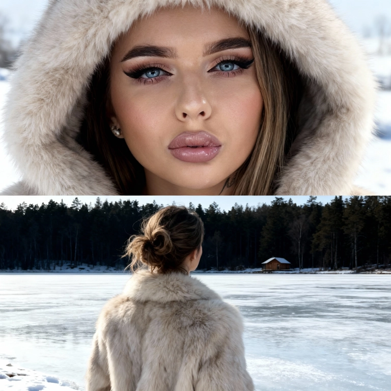 Создай коллаж не меняя черты лица. Верхний кадр (Крупный план лица в капюшоне): Детальный, крупный, чувственный портрет молодой женщины, снятый с очень близкого расстояния. Мое лицо обрамлено меховым  капюшоном светлого цвета. Фон зимний. У меня натуральный, свежий макияж (румянец, блеск для губ). Выражение лица, спокойное, взгляд в камеру. Стиль: кинематографическое качество, глянцевая фэшн-фотография, гиперреализм, мягкое, естественное, зимнее освещение. Нижний кадр (Спиной к озеру): Я в светлой меховой шубе, стою спиной к камере. У меня собраны волосы в небрежный пучок, снизу. я стою на краю, покрытого льдом озера. на горизонте видно несколько темных деревьев и небольшой деревянный домик. Стиль: портрет по пояс, пейзажная фотография, зимний романтизм, кинематографический кадр, естественное дневное освещение. Профессиональная студийная/журнальная съемка, идеальный свет, качество 8К.