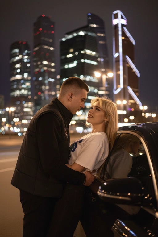 Используй предоставленные изображения и создай фото женщины и мужчины, в романтическом стиле, женщина облокотилась спиной на автомобиль, слегка откинувшись назад. ее слегка взъерошенные волосы мягко развеваются на ветру. Лицом к ней прижавшись стоит мужчина выше нее и одной рукой обнимает её за талию, а другой рукой опирается на машину. Влюбленно смотрит на женщину. На заднем плане изображена Москва-Сити, сияющая теплыми золотистыми огнями ночного города. Улица залита мягким городским светом, создающим гламурную и кинематографическую атмосферу. Поза женщины уверенная и в то же время игривая, и основное внимание уделяется взаимодействию между ней мужчиной. Освещение должно подчеркивать их силуэты, а отражения окружающих огней на стекле автомобиля должны создавать элегантную атмосферу. Не меняй одежду людей.