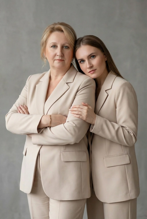 Используй эти два фото мамы и дочери и создай для них студийный портрет в чистом и элегантном стиле. Они стоят рядом, очень близко друг к другу. Дочь мягко обнимает маму за руку и слегка к ней прижимается со спины. Мама сложила руки перед грудью. Образ минималистичный, современный и стильный. На руке у матери тонкий золотой браслет. Профессиональный макияж и прическа.  Не менять черты лица ни на 1 процент. Фон — нейтральный серый с мягкой текстурой. Освещение рассеянное, мягкое, подчёркивающее естественные тона кожи. Атмосфера тёплая, нежная и спокойная, в стиле журнальной съёмки. Обе в светло бежевых классических костюмах. 