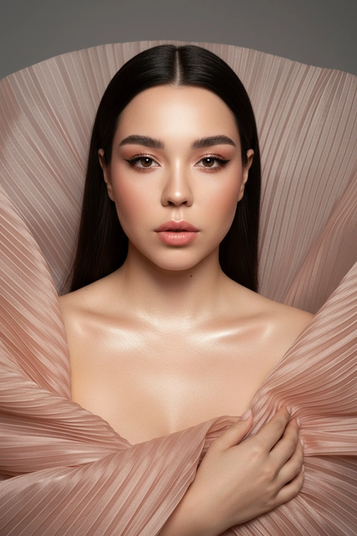    Создайте гиперреалистичный профессиональный студийный портрет женщины с волосами, уложенными на ровный пробор посередине, которые каскадом ниспадают на левое плечо (справа от зрителя) и частично скрыты за правым плечом (слева от зрителя). Камера снимается с немного низкого уровня глаз, глядя прямо на модель, охватывая ее от середины груди и выше. Голова слегка наклонена, взгляд прямой и притягательный.
Ее кожа безупречно гладкая и интенсивно сияет, словно подсвеченная мощным, сфокусированным источником света, подчеркивая мельчайшие поры и естественную текстуру кожи с сияющим, почти воздушным свечением, особенно в области декольте, плеч и верхних линий лица.

Её макияж тщательно проработан:
Глаза: чётко очерченные, ухоженные брови с заметными волосками, мягкие тени тёплых тонов (персиково-розовые и светло-коричневые) с лёгким мерцанием, чёткая чёрная подводка для глаз, создающая нежный кошачий взгляд, и идеально распущенные, объёмные ресницы, подчеркивающие каждую ресничку, с лёгким акцентом на нижних ресницах. Во внутреннем уголке глаза выделяется яркий блик. Радужки глаз отражают рассеянный студийный свет с изысканными узорами.
Щёки: лёгкий, растушёванный румянец натурального розового или персикового оттенка, изящно очерченные скулы и интенсивный, почти влажный блик на выступающих частях лица (скулы, переносица, дуга Купидона), создающий эффект увлажненности и сияния. Губы: губы нежного, естественного кораллово-розового или розово-персикового цвета с мягким атласным финишем, подчеркивающим тонкие естественные линии и текстуру губ, с лёгким бликом на дуге Купидона.

Она изящно одета в объёмную, струящуюся ткань с изящной плиссировкой, напоминающую прозрачный атлас или шёлк. Плиссированная ткань эффектно обрамляет фигуру, создавая объёмную, почти органичную форму, которая высоко поднимается за головой и огибает левое плечо (правое для зрителя), изящно струясь по груди и открывая обнажённые плечи. Материал обладает лёгким, сияющим блеском и мягкой полупрозрачностью, улавливая и отражая студийный свет, подчёркивая его роскошную текстуру и плавные движения. Складки очень детализированы, создавая глубокие тени и яркие блики, которые подчёркивают волнистую форму, а некоторые участки ткани также демонстрируют повышенную светоотражающую способность. Её правая рука (левая для зрителя) нежно касается ткани у груди, на ней видны ухоженные ногти. Освещение выполнено по принципу софтбокса, но с более сильным, концентрированным основным светом для создания интенсивного свечения, сохраняя при этом мягкие тени, которые подчёркивают черты её лица и изгибы плеч без резкости. Фон — гладкий, однотонный средне-серый, обеспечивающий чистый контраст и полностью фокусирующийся на модели. Общее впечатление — утончённая элегантность, изящество и гиперреалистичная детализация, передающая каждый нюанс её красоты, выражения лица и сложную текстуру её волос, кожи и одежды. Черты лица и особенности её внешности должны быть точно воспроизведены с референсной фотографии. Плиссированная ткань нежного, приглушённого персикового или пыльно-розового цвета