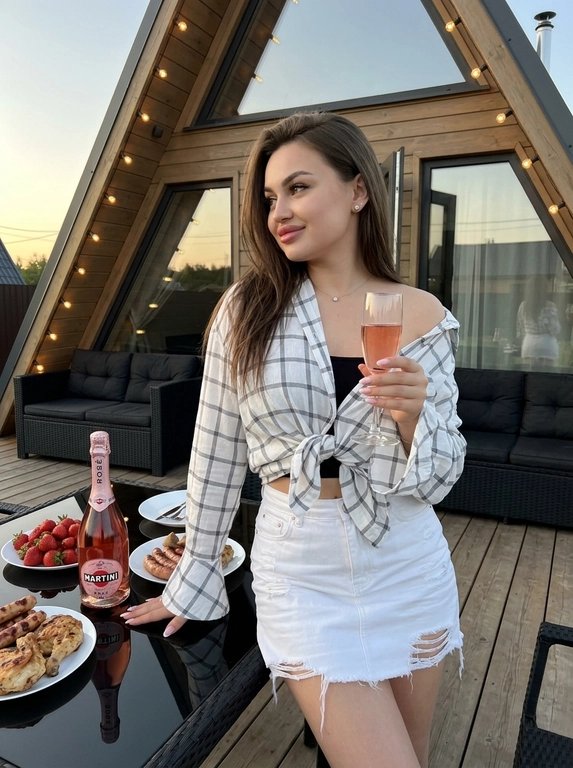 Создай ультрареалистичный снимок на природе. В ушах — серьги-гвоздики, на шее — подвеска с маленьким бриллиантом. Женщина одета в бело-серую оверсайз-рубашку в клетку с рукавами-клёш, завязанную на талии и спущенную с одного плеча; под ней виден чёрный короткий топ и белая джинсовая мини-юбка с потёртостями. Уютная вечерняя сцена на современной террасе А-образного дома. Поза: она стоит боком, слегка облокотившись на стол; на лице лёгкая улыбка, взгляд в сторону; в руке — бокал на тонкой ножке с розовым шампанским. Обстановка: за ней — чёрный стеклянный стол на деревянной террасе с романтическим ужином: бутылка розового Martini Rosé, бокал для вина, тарелка со свежей клубникой, ассорти из гриля (сосиски и курица). Рядом по бокам — чёрные уличные плетёные диваны. На заднем плане — стильный современный A-frame дом с большими панорамными окнами.


Доп. характеристики: Джинсовая серая юбка длинная, белая рубашка
Маникурю френч форма миндаль