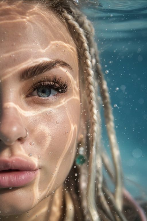 Гиперреалистичный, сверхдетализированный
макропортрет, на котором запечатлена только левая половина человеческого лица, погруженного под воду. Один глаз находится в резком фокусе у крайнего левого края кадра. Лучи света создают динамичные блики на коже, подчеркивая поры, влажные губы, ресницы и тонкие текстуры, создавая эффект реалистичного рассеивания под поверхностью. Капли и пузырьки воздуха придают глубину и подвижность.
Кинематографическое подводное освещение с мягкими тенями и четкими бликами усиливает сюрреалистическую, сказочную атмосферу.
Чрезвычайно малая глубина резкости, фотореалистичный рендеринг. Не меняй внешность, полностью сохрани черты лица.