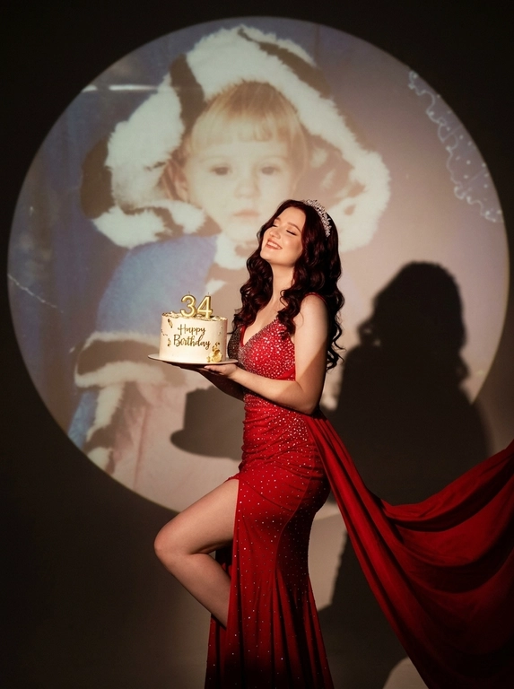 Create ultra-realistic cinematic birthday photoshoot, elegant studio with a dark background and a large circular spotlight projection on the wall. Inside the spotlight, a faded vintage childhood photo of the same girl(the reference image 2nd given)appears as a nostalgic memory, slightly transparent with old photo texture and soft blur. In the foreground, the present-day version of the same model (the reference image 1st given)  holding a white birthday cake decorated with gold accents with a “Happy Birthday". 

If the model is a woman, then she is wearing a cream long gown. If the model is a man, he is wearing a suit.

her head tilted back, eyes closed, natural smile,  cinematic shadow cast on the wall, warm soft spotlight lighting.

If the model was a woman, she additionally lifted her leg in an elegant pose.

Доп. характеристики: Платье красное с подолом, со стразами, на голове диадема, волосы накрученные, цифра на торте 34