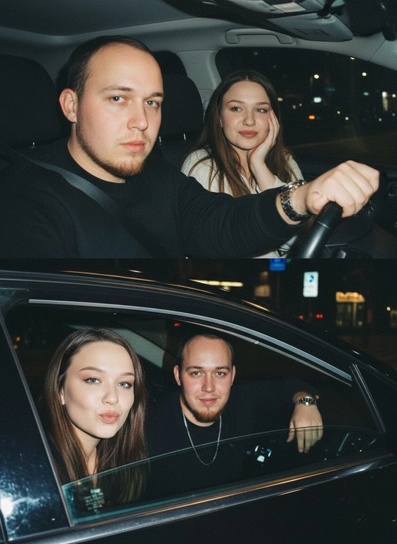 Используй предоставленные изображения и создай коллаж из двух фото, одно под другим. Первое фото сверху: Ночное фото в салоне автомобиля: мужчина за рулем смотрит вперед, его рука с часами на руке. Женщина на пассажирском сиденье, слушает его подперев щеку рукой. Съемка в стиле папарацци с эффектом зернистой пленки, атмосфера интимная. Второе фото: Девушка и парень смотрят в камеру Ночное фото папарацци крупным планом: мужчина за рулём и женщина на пассажирском сиденье смотрят в камеру. Женщина с ухмылкой и губами бантиком, мужчина слегка улыбается, положив руку на руль. Съёмка через пассажирское окно, сочетание ночного света и вспышки, эффект зернистой плёнки.