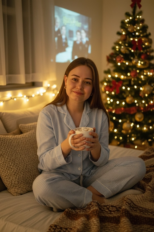 Атмосферный портрет человека, сидящий на кровати в уютной комнате. Не меняй черты лица ни на 1%. Человек смотрит в камеру. На человеке хлопковая голубая пижама в белую полоску. 
Теплое освещение от мерцающих гирлянд и рождественской ёлки. На заднем плане - проекция с фильмом или мультфильмом создающая нотку ностальгии.
Кинематографичный кадр, малая глубина резкости, волшебная и уютная атмосфера. Фото в стиле 90-х, ретро -фильтр. Зернистость Фильм - Warner Bros. "Гарри Поттер".
Черты лица не менять 
Девушка сидит в новогодней пижаме 
Вокруг новогодние желтые гирлянды 
Сзади стоит наряженная новогодняя елка
На кровати уютный плед и подушки 
В руках у девушки чашка какао с маршмеллоу 