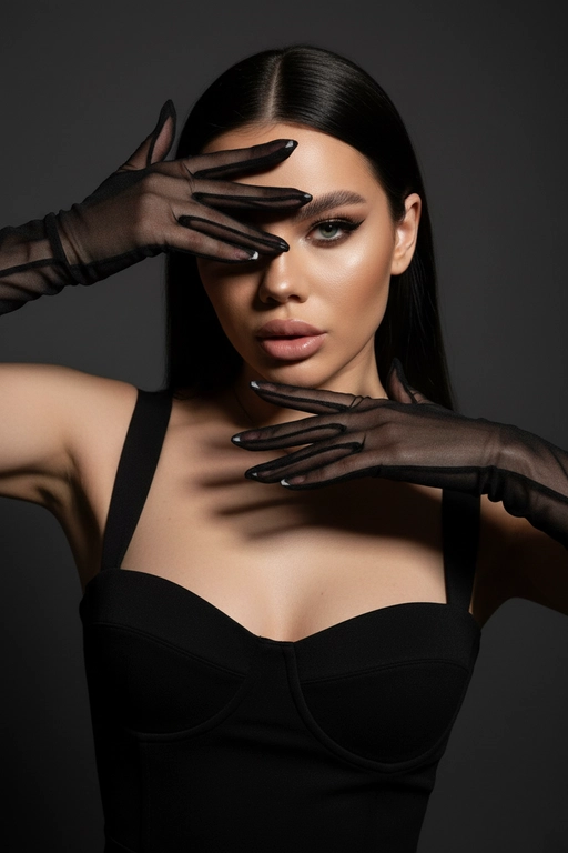 На моей фотографии крупным планом изображена гламурная женщина на темно-сером фоне, в прозрачных чёрных перчатках и чёрном платье. Она позирует, обрамляя лицо руками, отбрасывая на глаза эффектные тени. Яркий макияж глаз с аккуратной подводкой, гладкая и безупречная кожа, кинематографическое освещение, стиль высокой моды, атмосфера таинственности и соблазнительности. 