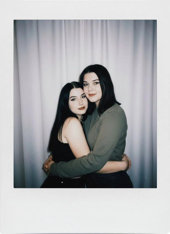 Take a picture with a Polaroid camera. the photo should look like a normal photo, without any clear subject or props. The photo should have a consistent light source such as a flash from a dark room, spread throughout the photo. Do not change the faces. Replace the background behind the two people with a white curtain. Люди на фото обнимаются.