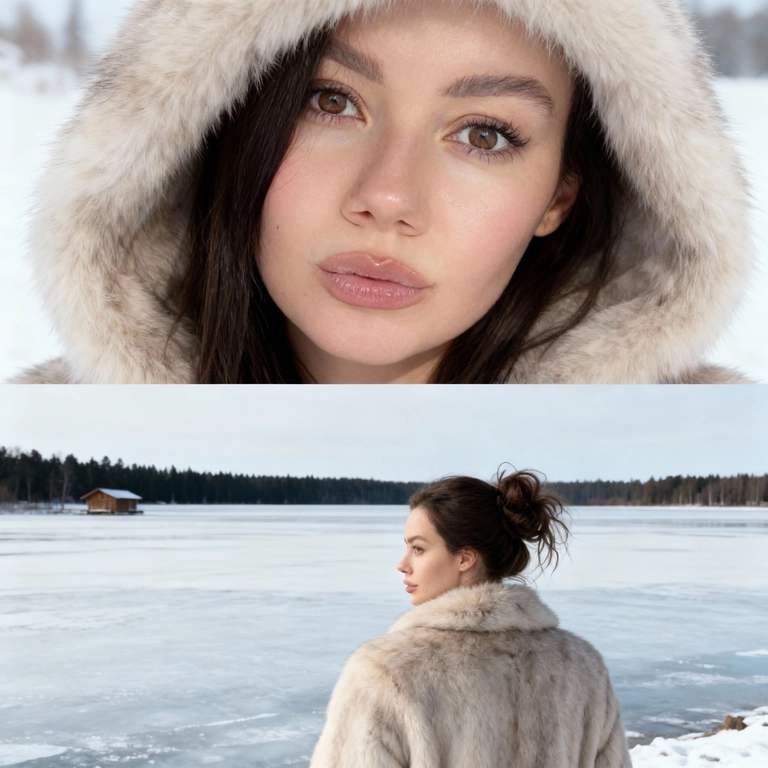 Создай коллаж не меняя черты лица. Верхний кадр (Крупный план лица в капюшоне): Детальный, крупный, чувственный портрет молодой женщины, снятый с очень близкого расстояния. Мое лицо обрамлено меховым  капюшоном светлого цвета. Фон зимний. У меня натуральный, свежий макияж (румянец, блеск для губ). Выражение лица, спокойное, взгляд в камеру. Стиль: кинематографическое качество, глянцевая фэшн-фотография, гиперреализм, мягкое, естественное, зимнее освещение. Нижний кадр (Спиной к озеру): Я в светлой меховой шубе, стою спиной к камере. У меня собраны волосы в небрежный пучок, снизу. я стою на краю, покрытого льдом озера. на горизонте видно несколько темных деревьев и небольшой деревянный домик. Стиль: портрет по пояс, пейзажная фотография, зимний романтизм, кинематографический кадр, естественное дневное освещение. Профессиональная студийная/журнальная съемка, идеальный свет, качество 8К.