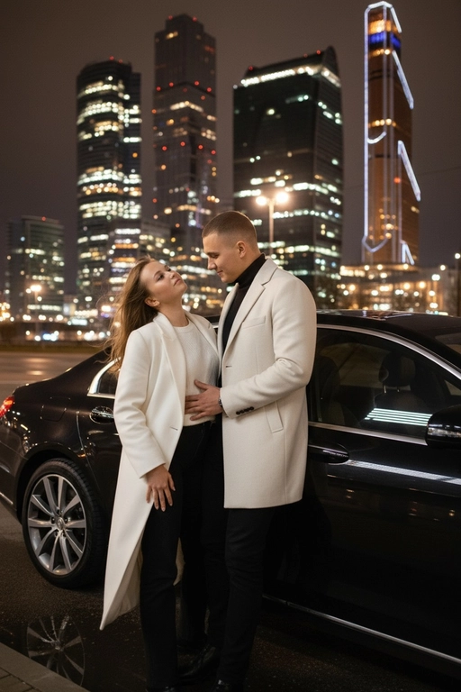Используй предоставленные изображения и создай фото женщины и мужчины, в романтическом стиле, женщина облокотилась спиной на автомобиль, слегка откинувшись назад. ее слегка взъерошенные волосы мягко развеваются на ветру. Лицом к ней прижавшись стоит мужчина выше нее и одной рукой обнимает её за талию, а другой рукой опирается на машину. Влюбленно смотрит на женщину. На заднем плане изображена Москва-Сити, сияющая теплыми золотистыми огнями ночного города. Улица залита мягким городским светом, создающим гламурную и кинематографическую атмосферу. Поза женщины уверенная и в то же время игривая, и основное внимание уделяется взаимодействию между ней мужчиной. Освещение должно подчеркивать их силуэты, а отражения окружающих огней на стекле автомобиля должны создавать элегантную атмосферу. Н. Жевушка одета в длинное пальто белый свитер и черные штаны. Мужчина одет в короткое белое пальто, черная водолазка и черные штаны 
