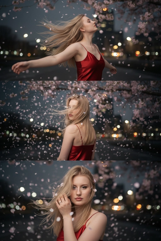 Не меняй черты лица, оставь их точь в точь как на загруженном фото. Фото в стиле триптиха, на котором изображена женщина в ночном городе.

На верхней панели изображена женщина по грудь, в профиль, расположенная в правой части кадра. Она запрокинула голову назад и закрыв глаза будто смотрит в небо разведя руки в стороны. Ее волосы развеваются на ветру закрывая лицо. На заднем плане ночной город полный ярких фонарей, где спокойно и нет людей, в небе развиваются от ветра листья сакуры . 

На средней панели изображена всё та же женщина со спины, смотрящая в кадр. На фоне все усыпано лепестками сакуры и они почти полностью перекрывают ночной город. Её волосы сильно развеваются на ветру в них запутались лепестки сакуры . 

На заднем плане нижней панели, крупным планом, изображено лицо всё той же женщины, частично скрытое развевающимися на ветру волосами в них немного лепестков сакуры, которая смотрит прямо на зрителя. Правой рукой она придерживает волосы, демонстрируя белое обручальное кольцо. 

Ночной Город и небо создают нейтральный, угрюмый фон для фотографии в натуралистическом стиле и при мягком освещении. Использовать лицо с фото на 100% , не изменяя черты лица. На девушке - красное атласное платье на бретельках.