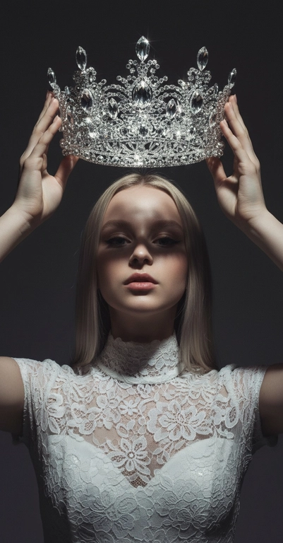 Модный портрет женщины крупным планом, стоящей прямо перед камерой, со слегка приподнятым подбородком. Она держит двумя руками почти над головой искусно выполненную корону с богатым филигранным орнаментом и крупными сверкающими драгоценными камнями. Корона находится в резком фокусе, отбрасывая тень на лицо. Освещение падает сверху, подчёркивая корону и создавая драматичный, контрастный эффект. Тёмная тень на лице усиливает ощущение таинственности и элегантности. Её платье – из тонкого чёрного кружева с высоким воротом. Фон темный, усиливая драматизм. Корона полностью хрустальная белая. платье белое